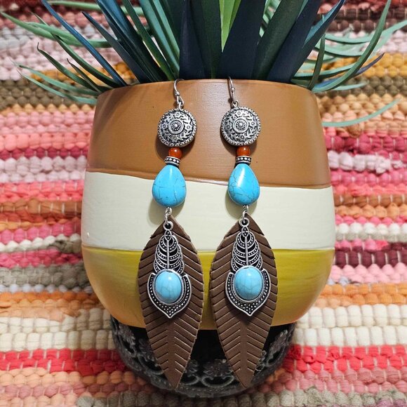 Artisan Earrings Southwestern Faux Leather Silver & Turquoise Feathers - Picture 2 of 9